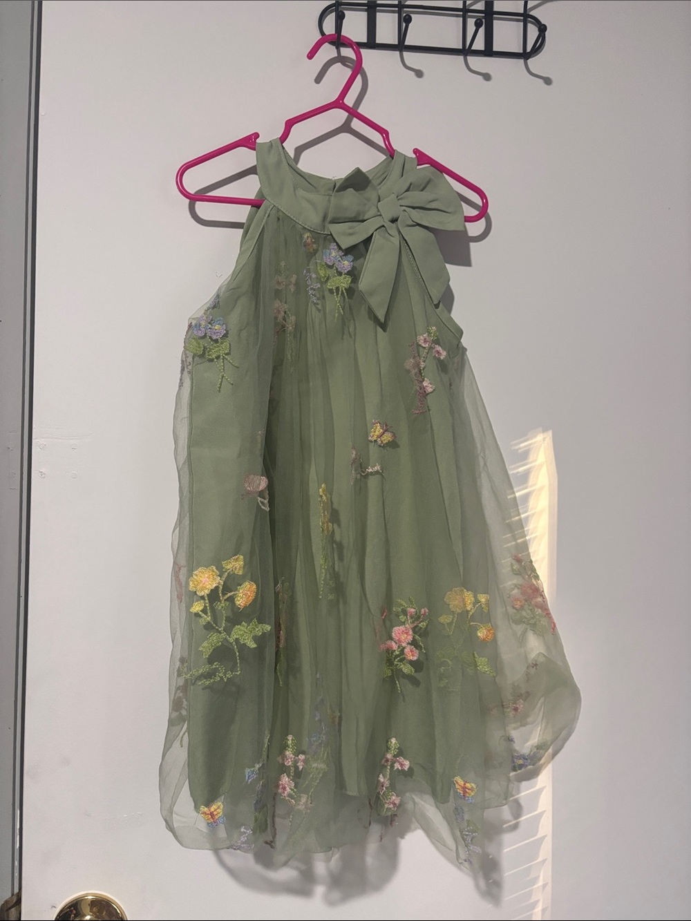 Sage Green Floral Tulle Bow Halter Dress for Girls